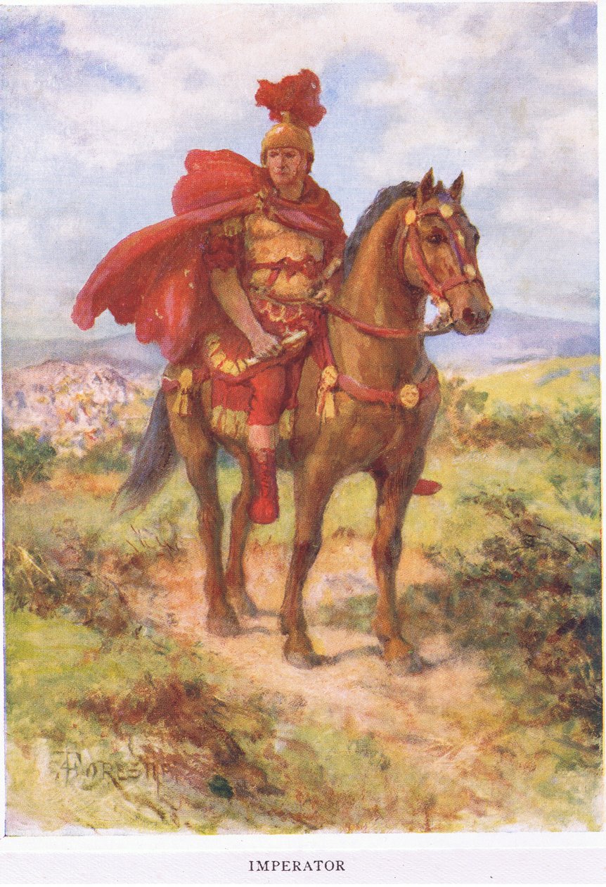 Imperator: في الأصل ، كما هو الحال هنا ، تم تحية الجنرال الروماني المنتصر من قبل جنوده في الميدان. في وقت لاحق تم حجز العنوان للإمبراطور فقط ، التوضيح من الجندي الروماني ، 1928 (colou بواسطة أميدي فوريستير