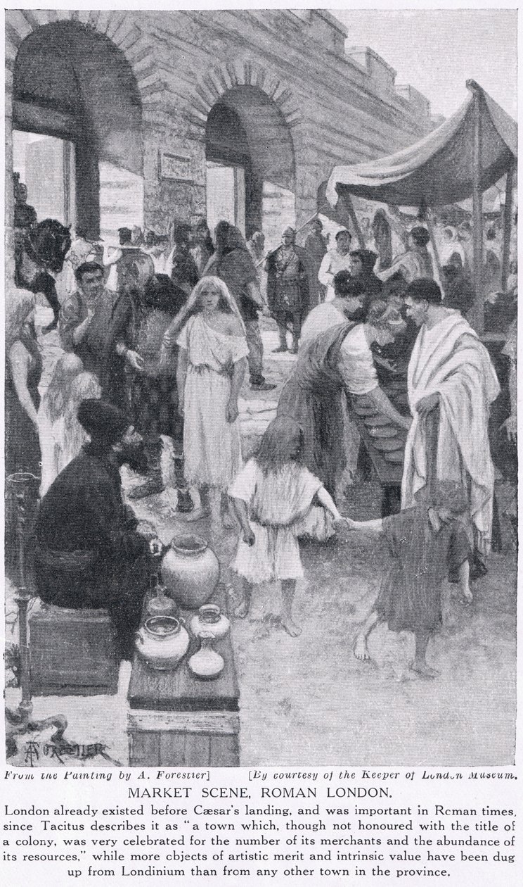 مشهد السوق الروماني ، لندن ، توضيح من "تاريخ الأمم في هاتشينسون" ، ج .1910 بواسطة أميدي فوريستير