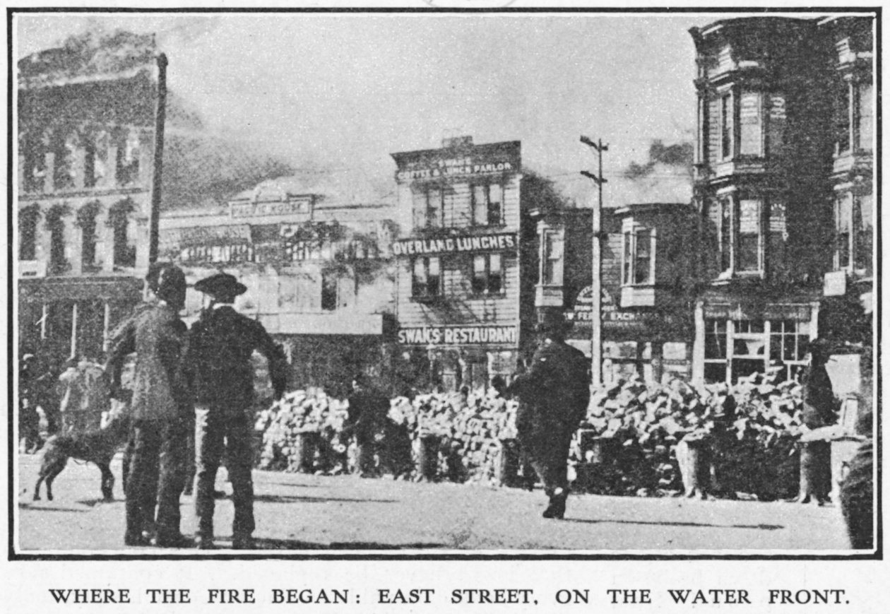 الشارع الشرقي ، سان فرانسيسكو ، حيث بدأ الحريق خلال زلزال 1906 ، 1906 (انظر أيضًا 223357) بواسطة مصور أمريكي