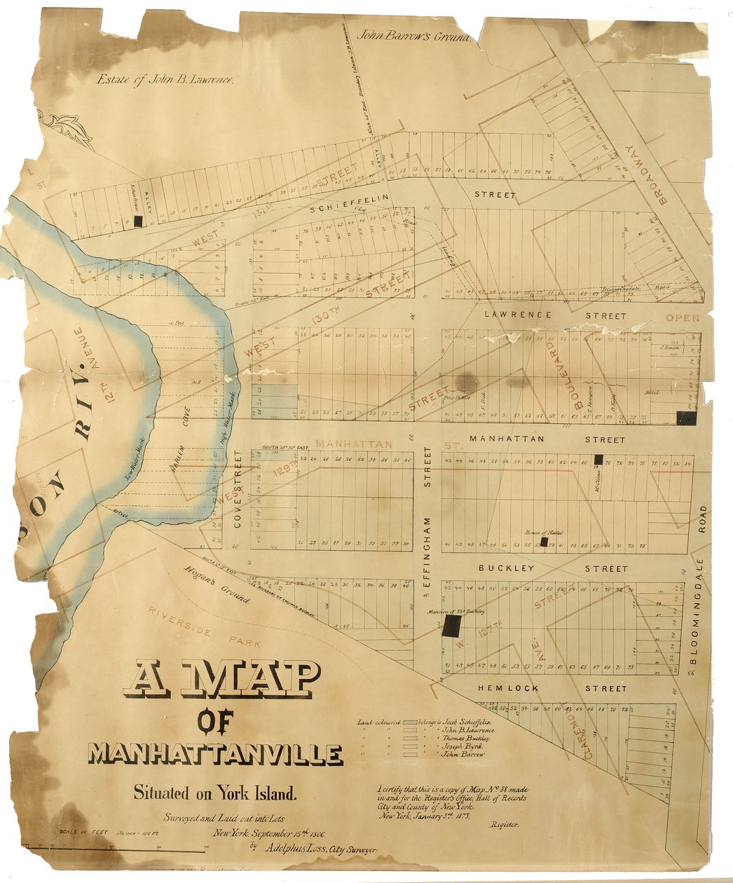 خريطة مانهاتنفيل تقع على جزر يورك تم نقلها ووضعها في أجزاء بواسطة Adolphus Loss ، 1806 (قلم وحبر (أسود وملون) ، ألوان مائية على ورق ؛ مثبتة على القماش) بواسطة المدرسة الأمريكية