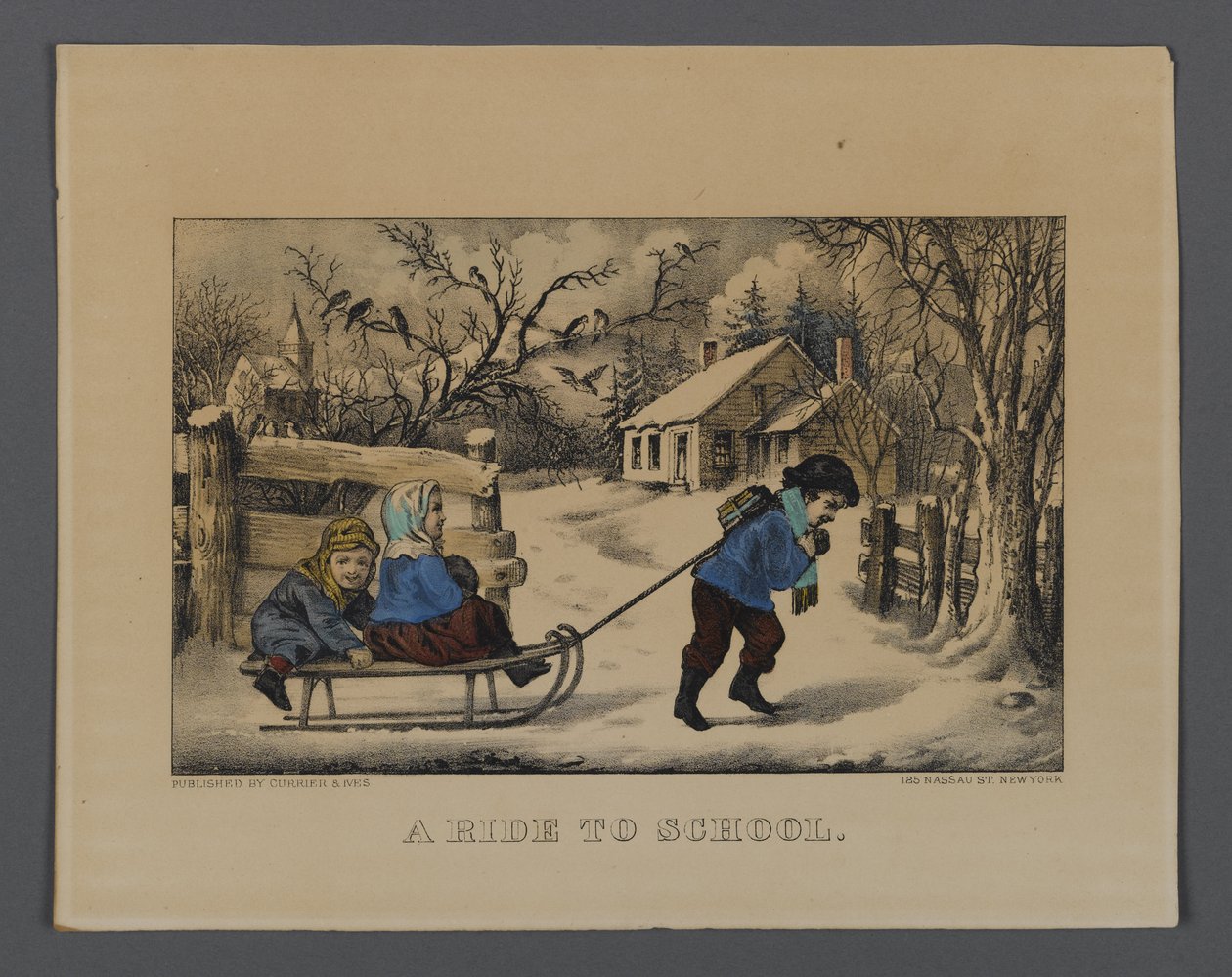 رحلة إلى المدرسة ، نشرتها Currier & Ives ، نيويورك (ليثو ملونة يدويًا) بواسطة المدرسة الأمريكية