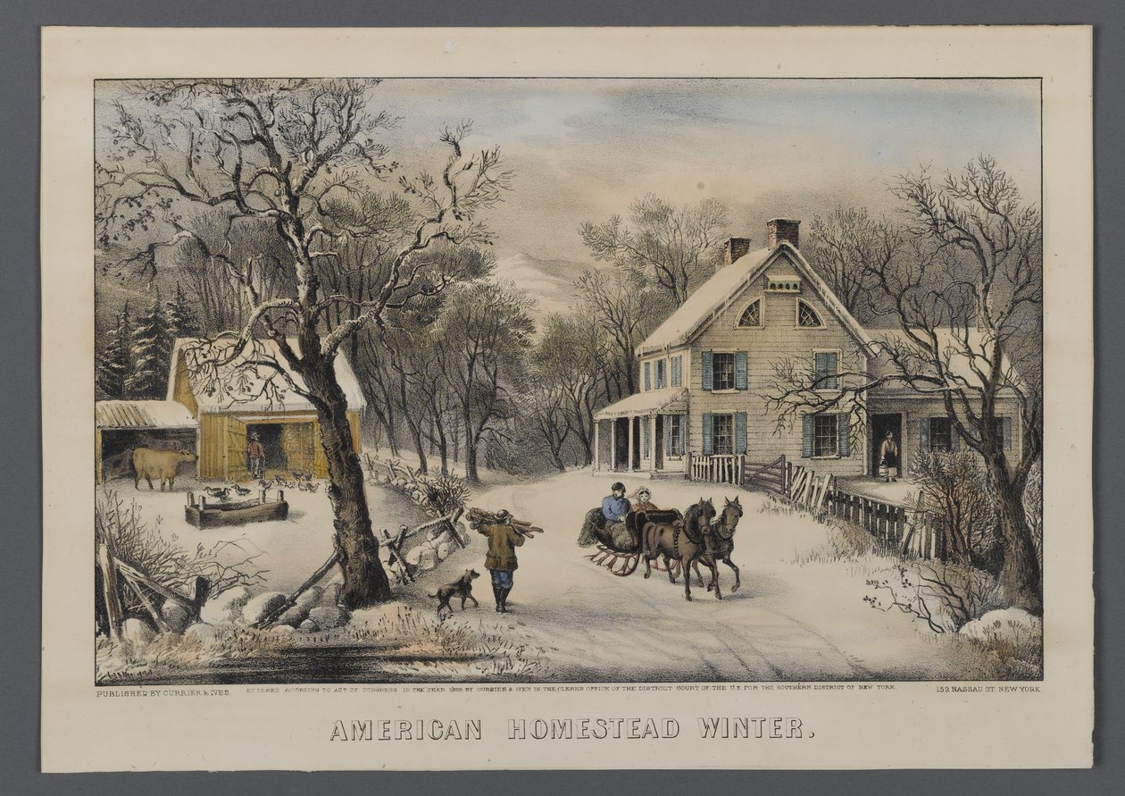American Homestead in Winter ، نشرته Currier & Ives ، نيويورك ، 1868-69 (ليثو ملون يدويًا) بواسطة المدرسة الأمريكية