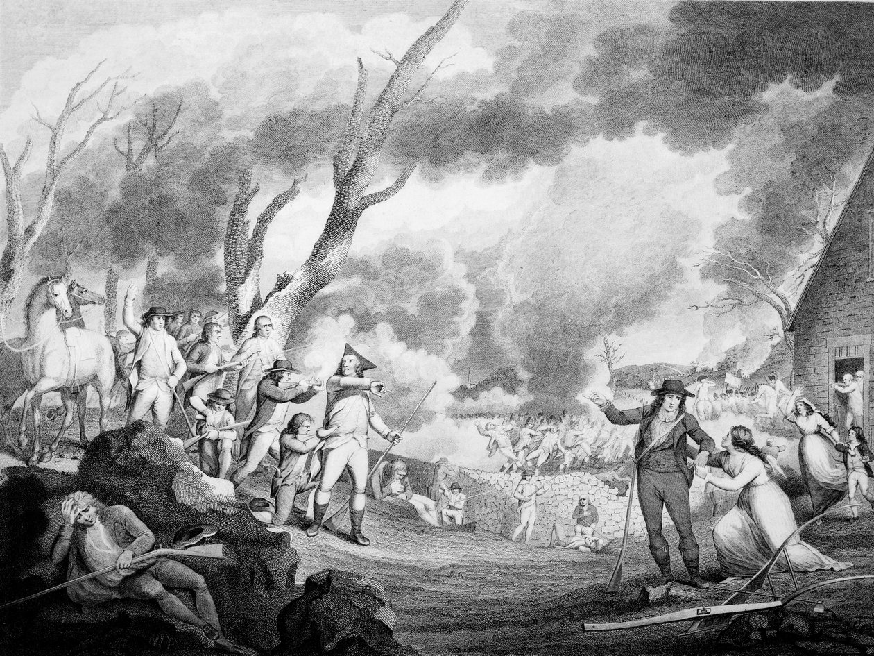 معركة ليكسينغتون ، 19 أبريل 1775 ، منقوشة بكورنيليوس تييبوت (c.1773-1832) بواسطة المدرسة الأمريكية
