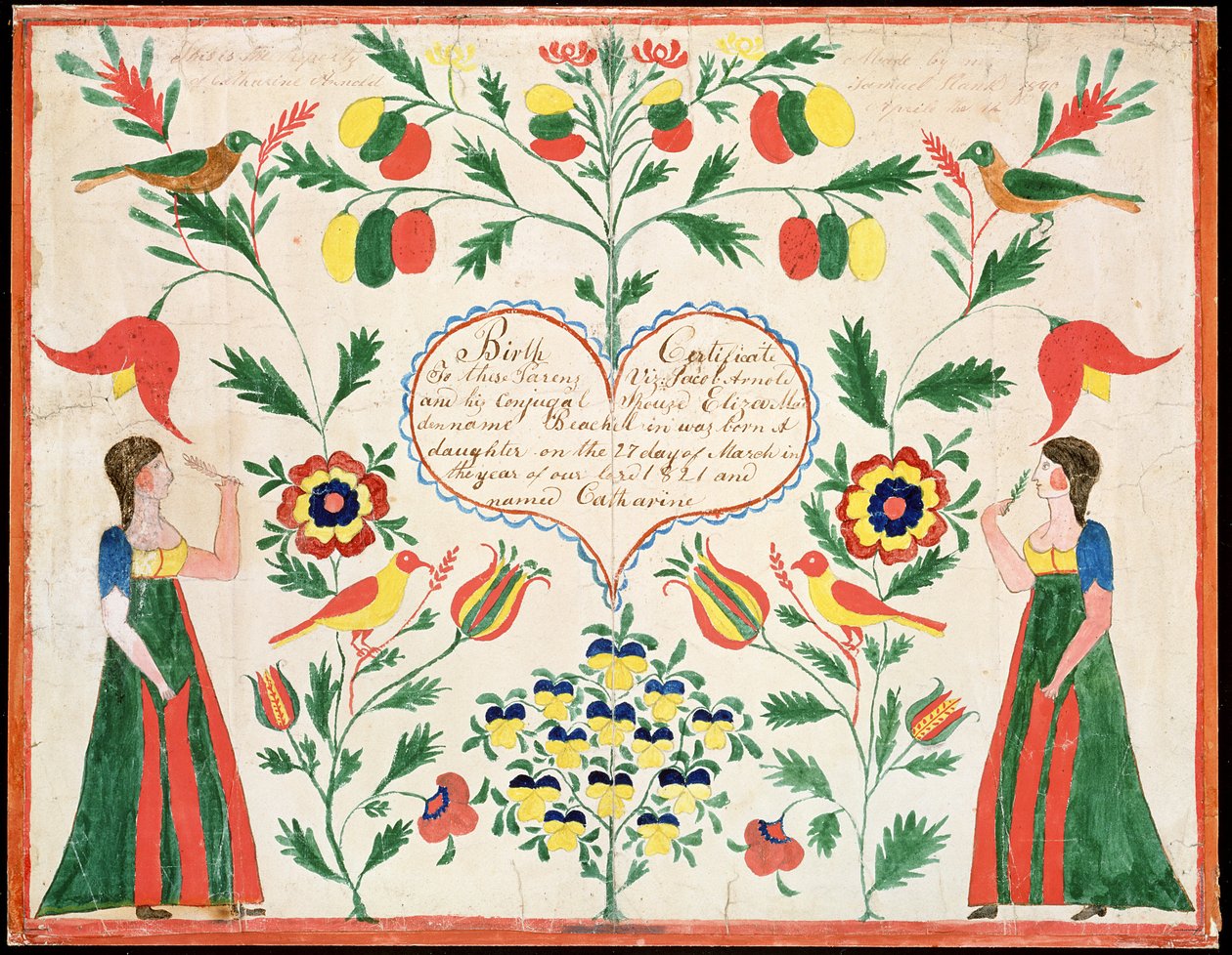شهادة الميلاد ، 1821 (قلم وحبر ومرحاض على ورق) بواسطة المدرسة الأمريكية