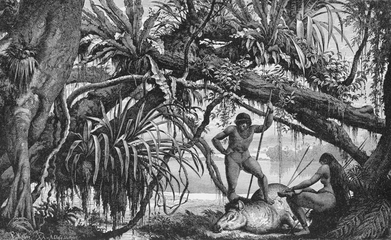 هنود كاريبونا مع تابير ، من "نهر الأمازون وماديرا" ، بقلم فرانز كيلر ، 1874 بواسطة المدرسة الأمريكية