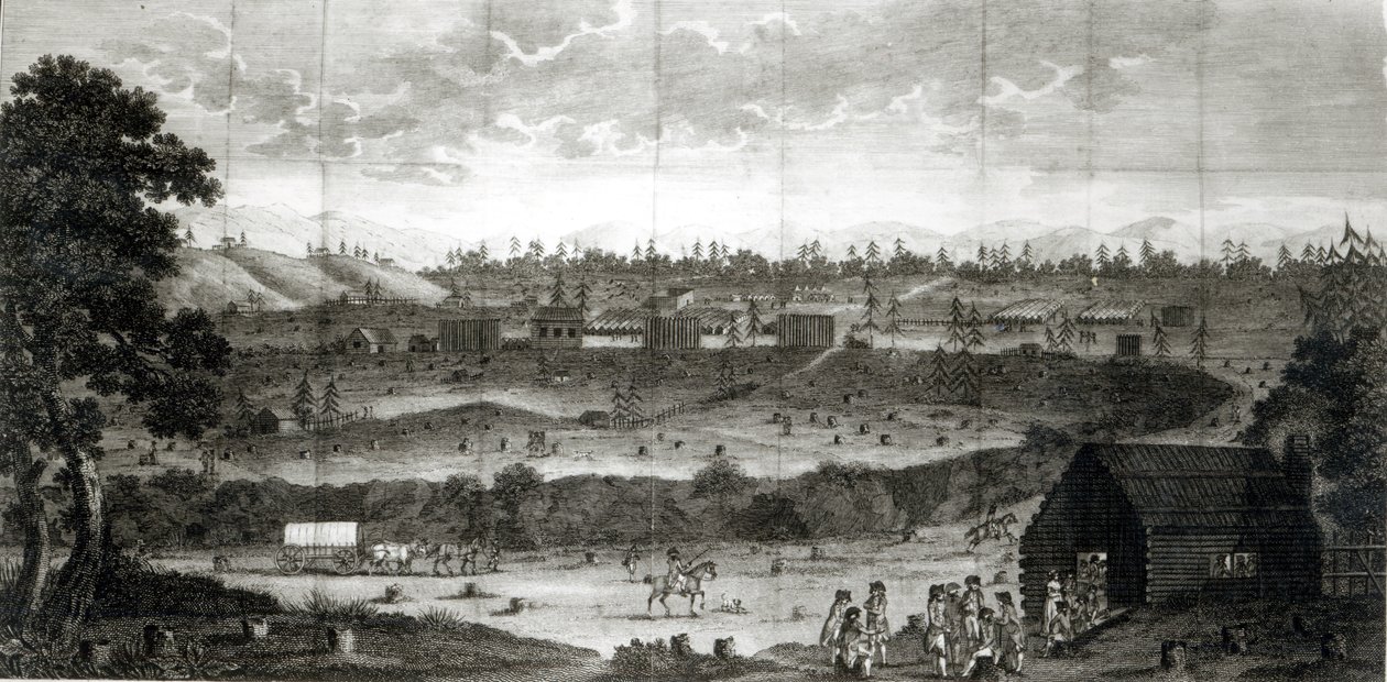 معسكر جيش الاتفاقية ، من "رحلات عبر الأجزاء الداخلية من أمريكا" ، بقلم T.Anbury 1789 بواسطة المدرسة الأمريكية
