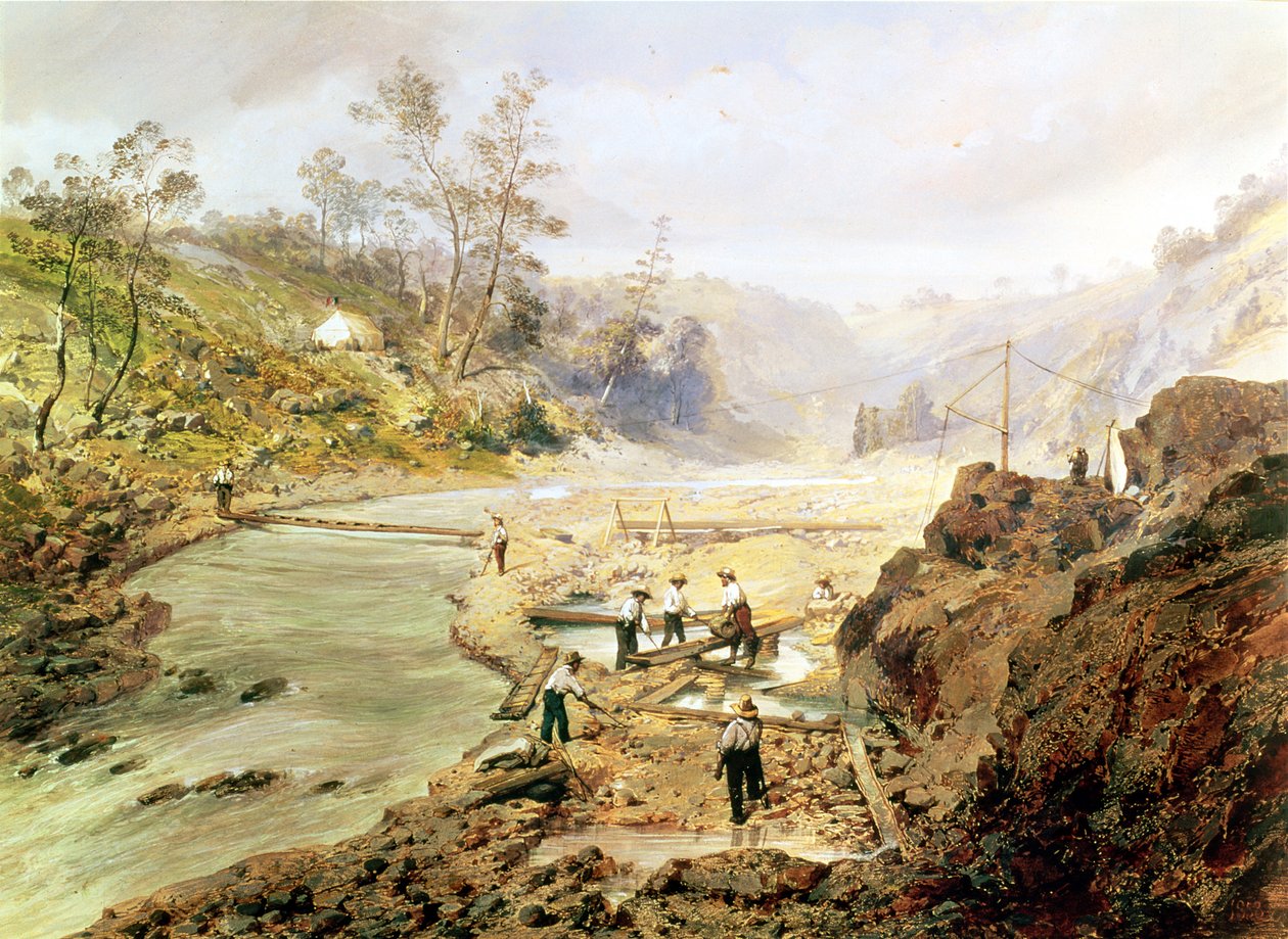 يغسل الذهب `` Fortyniners &39;&39; من نهر كالافيريس ، كاليفورنيا ، 1858 بواسطة المدرسة الأمريكية