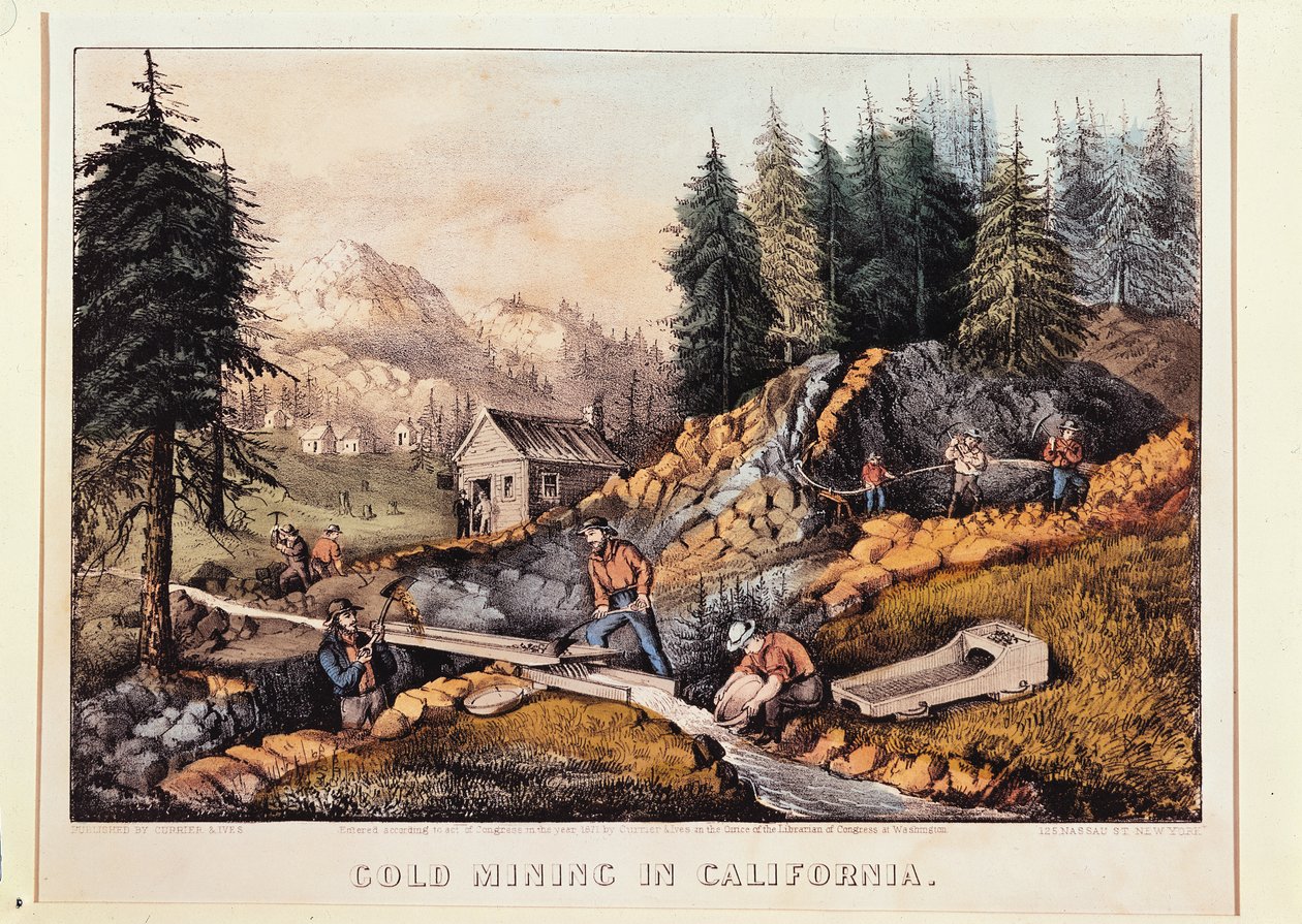 تعدين الذهب في كاليفورنيا ، تم نشره بواسطة Currier und Ives ، 1871 (انظر أيضًا 148180 und 32910) بواسطة المدرسة الأمريكية