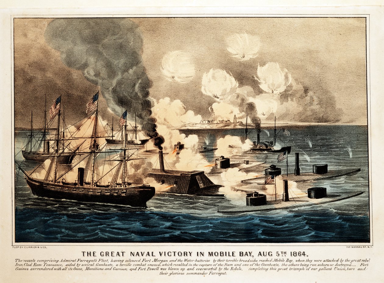 النصر البحري العظيم في خليج المحمول ، 5 أغسطس 1864 ، حانة. 1864 ، كورير وآيفز (الطباعة الحجرية الملونة) بواسطة المدرسة الأمريكية