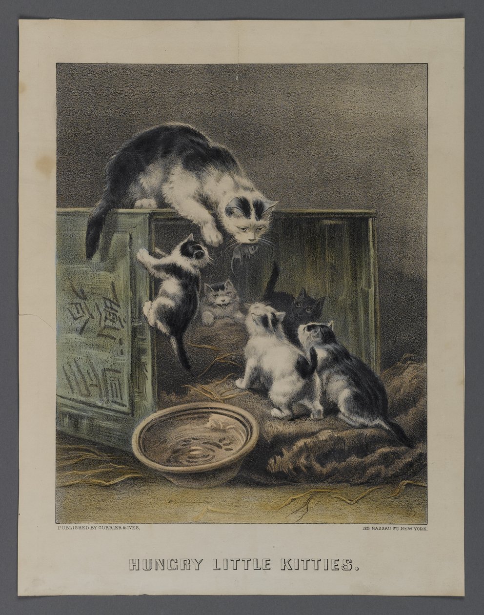الجياع قليلا Kitties ، التي نشرتها Currier & Ives ، New York (litho الملونة باليد) بواسطة المدرسة الأمريكية