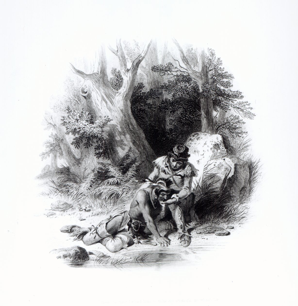 رسم توضيحي من فيلم "The Last of the Mohicans" لجيمس فينيمور كوبر (1789-1851) بواسطة المدرسة الأمريكية