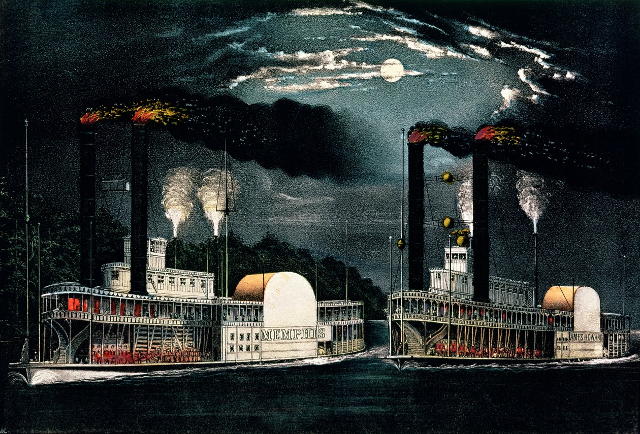 سباق منتصف الليل على نهر المسيسيبي ، نشرته Currier و Ives بواسطة المدرسة الأمريكية