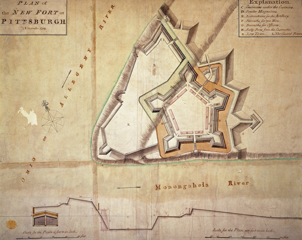 مخطط الحصن الجديد في بيتسبرغ ، نوفمبر 1759 (نقش ملون باليد) بواسطة المدرسة الأمريكية
