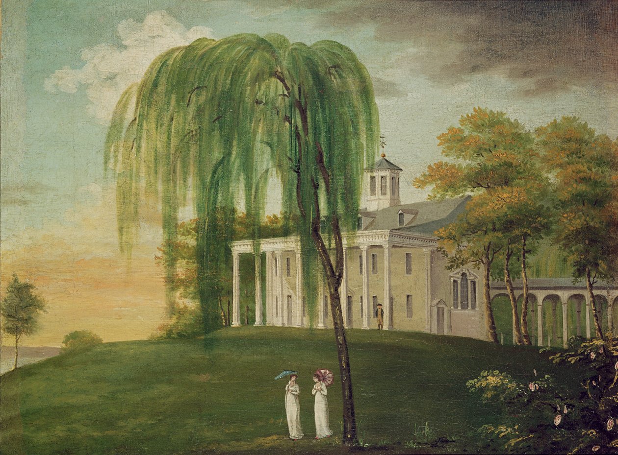 الرئيس جورج واشنطن (1732-1799) على شرفة منزله في جبل فيرنون بواسطة المدرسة الأمريكية