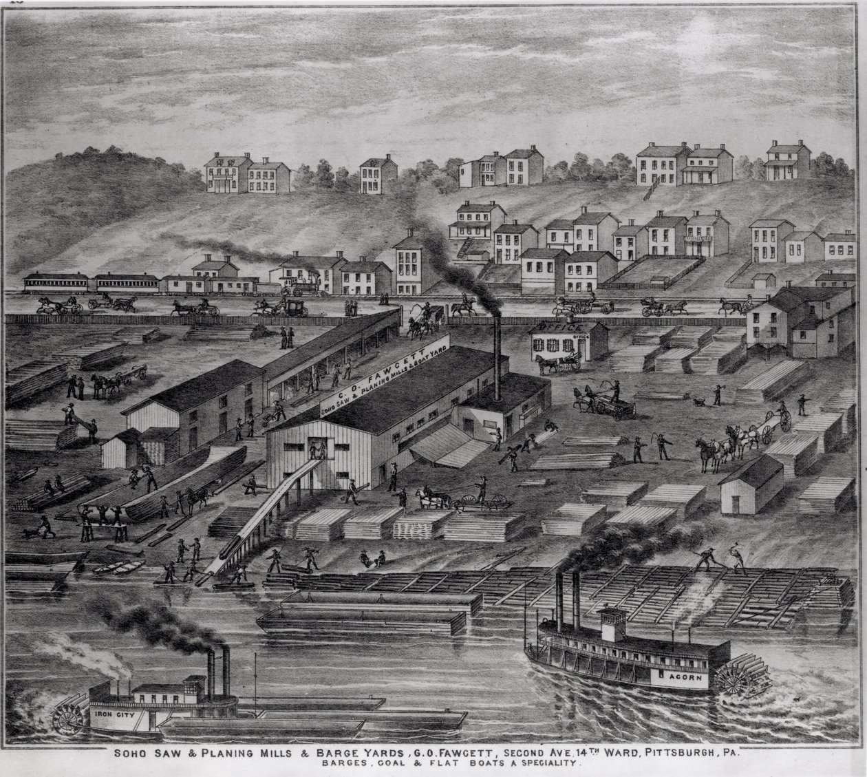 Soho Saw and Planing Mills and Barge Yards، GO Fawcett، Second Avenue، 14th Ward، Pittsburgh، PA، from &39;Illustrated Atlas of the Upper Ohio River&39;، 1877 بواسطة المدرسة الأمريكية