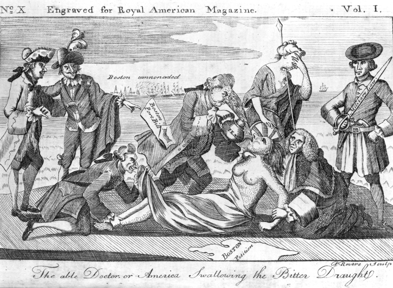 The Able Doctor ، أو أمريكا بابتلاع المسودة المريرة ، التي نقشها Paul Revere (1735-1818) في مجلة Royal American Magazine ، يونيو 1774 بواسطة المدرسة الأمريكية