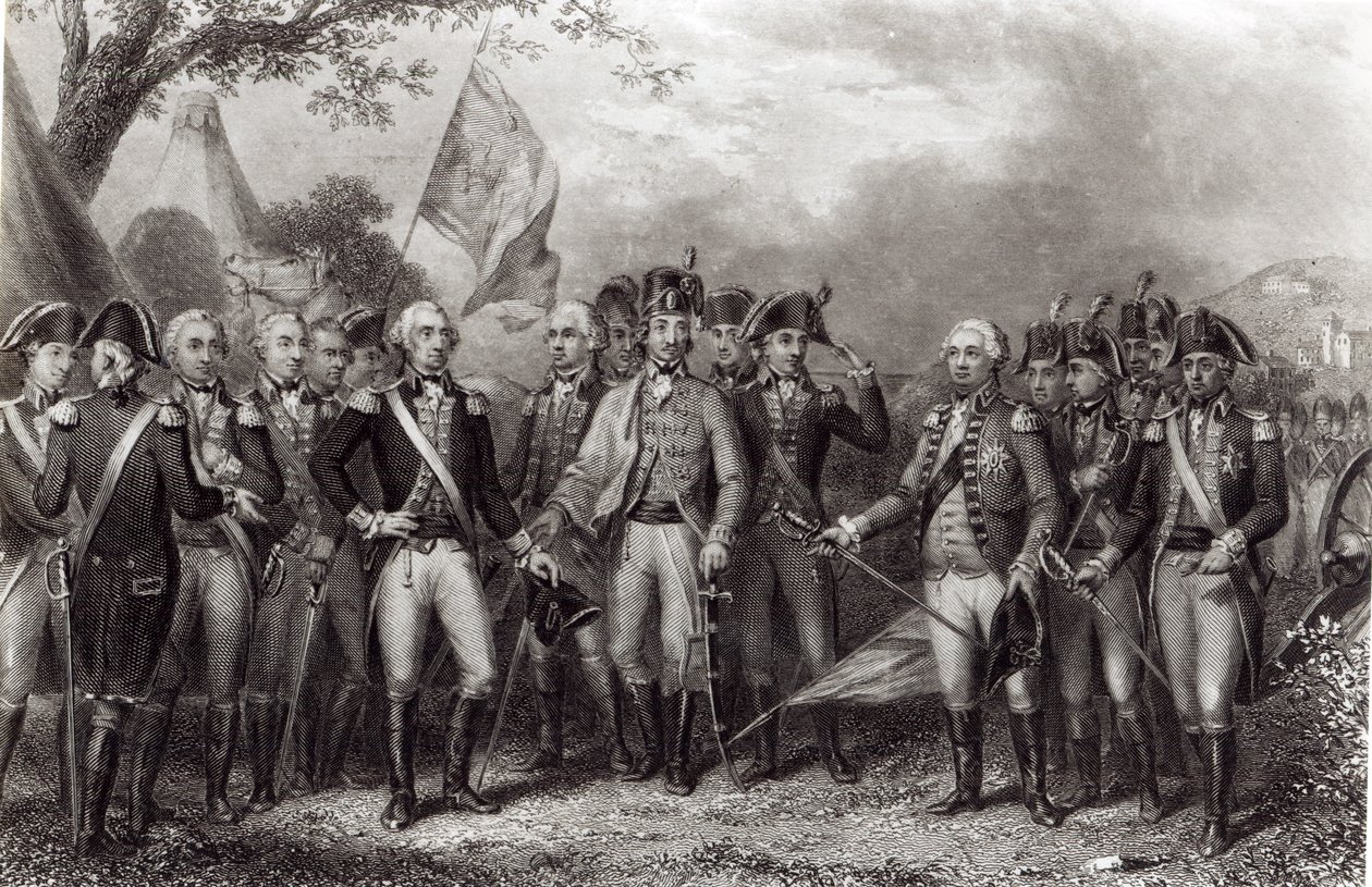 استسلام البريطانيين لأسلحتهم للجنرال واشنطن ، 19 أكتوبر 1781 ، نقش جيه ستيفنسون بواسطة المدرسة الأمريكية