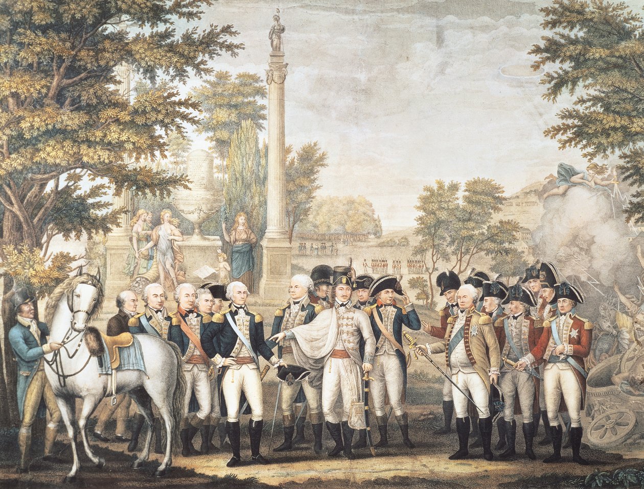 الاستسلام البريطاني للجنرال واشنطن بعد هزيمتهم في يوركتاون ، فيرجينيا ، أكتوبر 1781 بواسطة المدرسة الأمريكية