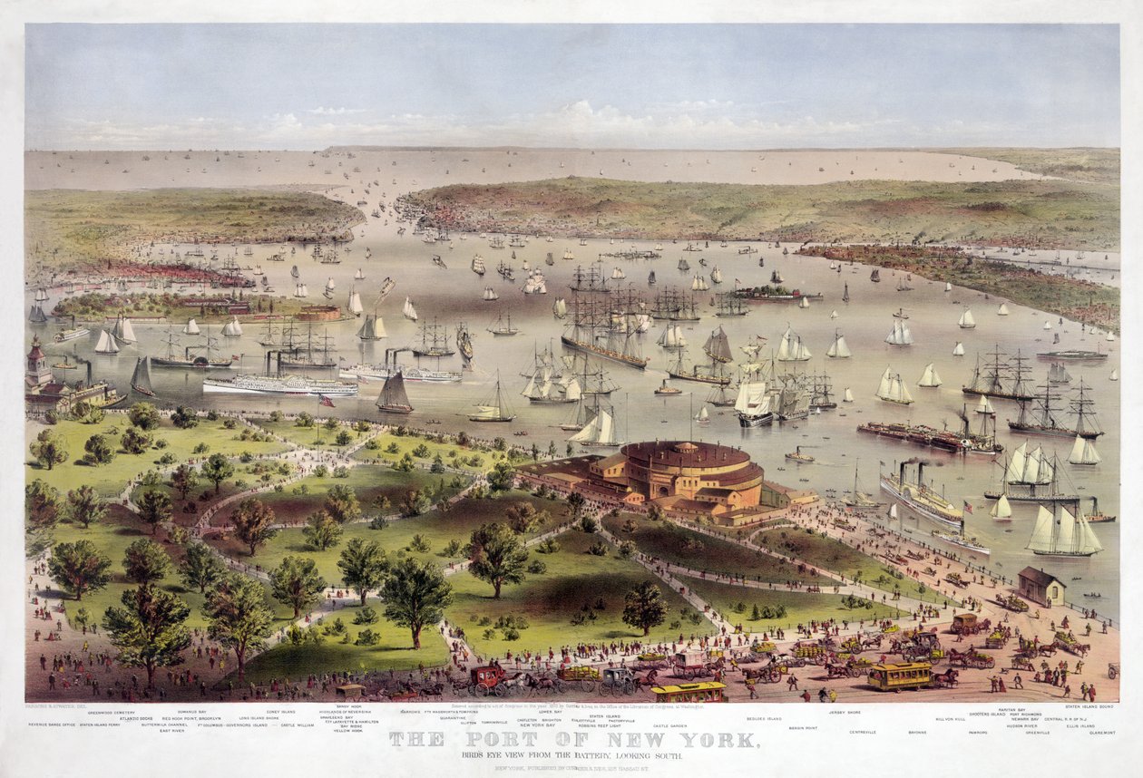 ميناء نيويورك: منظر عين الطيور من البطارية ، ينظر جنوبًا ، حانة. 1862 (الطباعة الحجرية الملونة) بواسطة المدرسة الأمريكية