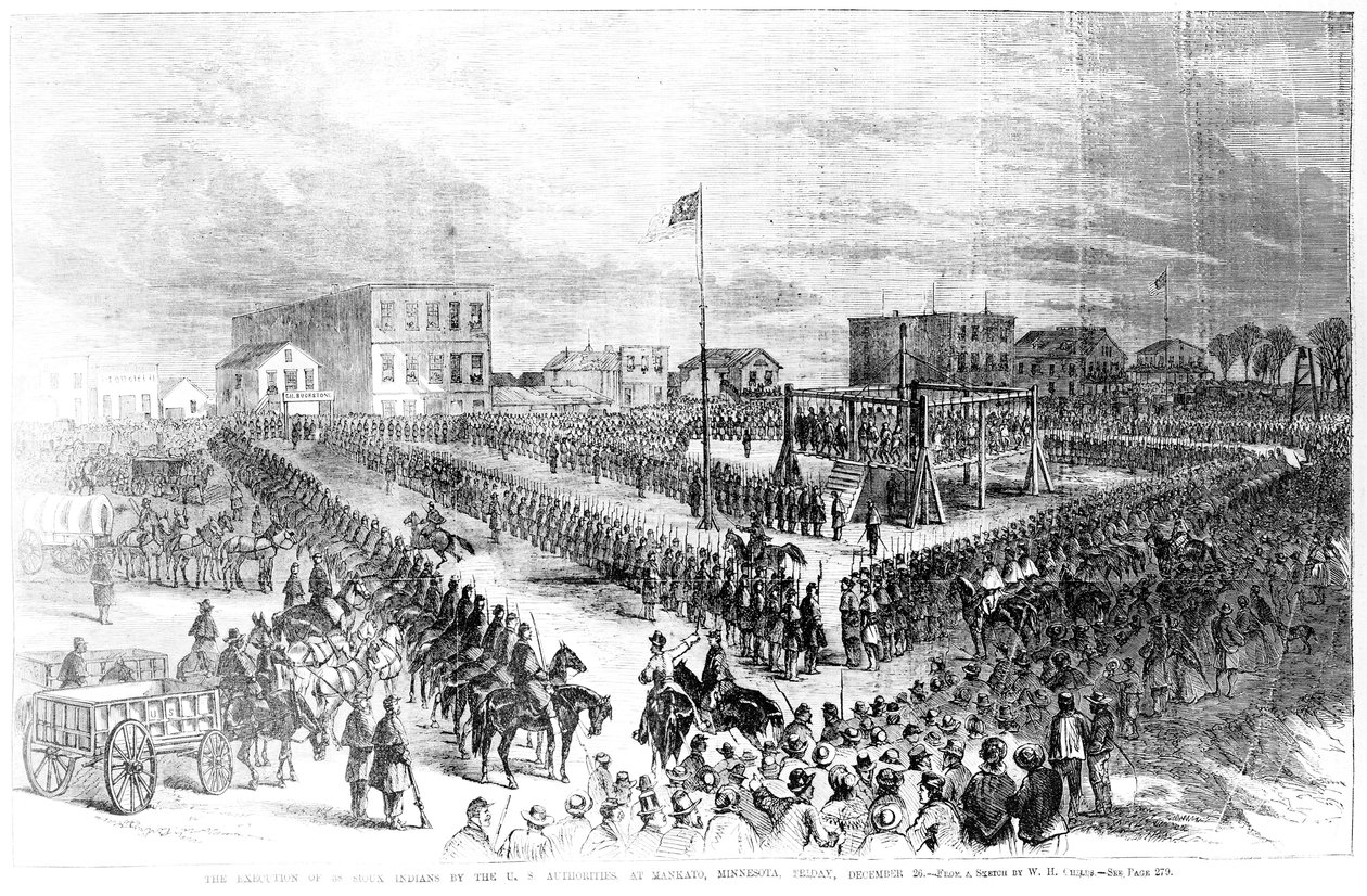 إعدام هنود سيوكس من قبل السلطات الأمريكية في مانكاتو ، مينيسوتا يوم الجمعة 26 ديسمبر 1862 ، من صحيفة فرانك ليزليز المصورة ، 24 يناير 1863 بواسطة المدرسة الأمريكية