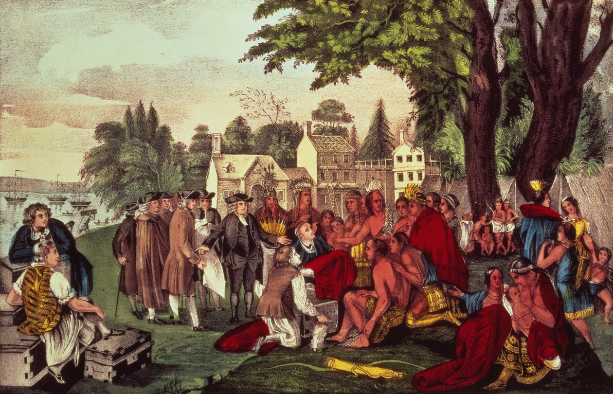 معاهدة ويليام بين مع الهنود ، عندما أسس مقاطعة بنسلفانيا ، 1661 ، حانة. بواسطة Currier und Ives بواسطة المدرسة الأمريكية