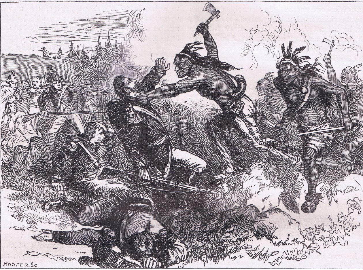 هجوم الهنود في فورت ديربورن ، رسم توضيحي من Cassells History of the United States نشره Cassell، Petter & Galpin، c1900 (litho) بواسطة مدرسة اللغة الإنجليزية الأمريكية