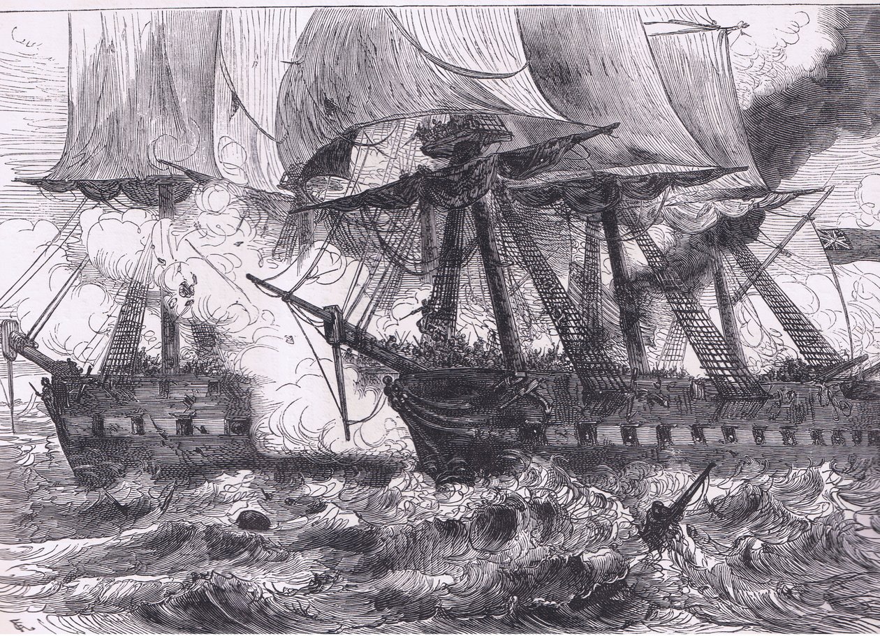 القتال بين Chesapeake و Shannon ، رسم توضيحي من Cassells History of the United States نشره Cassell ، Petter & Galpin ، c1900 (litho) بواسطة مدرسة اللغة الإنجليزية الأمريكية