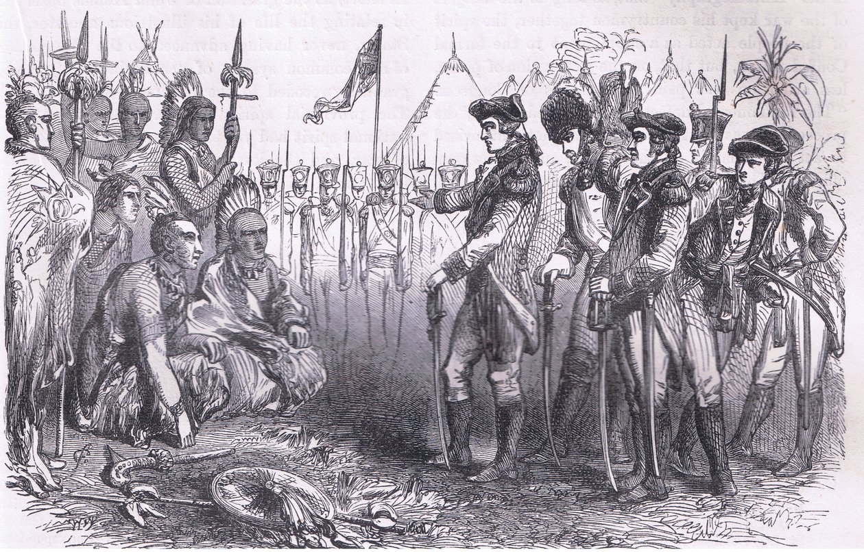 الجنرال بورغوين يخاطب الهنود ، رسم توضيحي من Cassells History of the United States نشره Cassell، Petter & Galpin، c1900 (litho) بواسطة مدرسة اللغة الإنجليزية الأمريكية