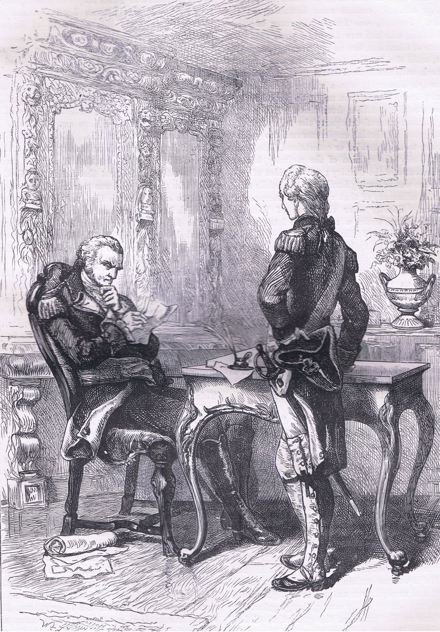 لافاييت وواشنطن ، رسم توضيحي من Cassells History of the United States نشره Cassell، Petter & Galpin، c1900 (litho) بواسطة مدرسة اللغة الإنجليزية الأمريكية