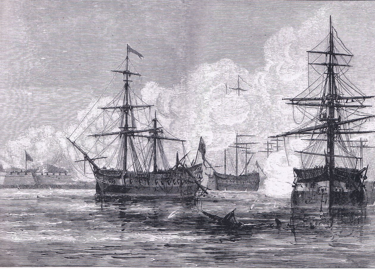 الهجوم على جزيرة سوليفان ، رسم توضيحي من Cassells History of the United States نشره Cassell، Petter & Galpin، c1900 (litho) بواسطة مدرسة اللغة الإنجليزية الأمريكية