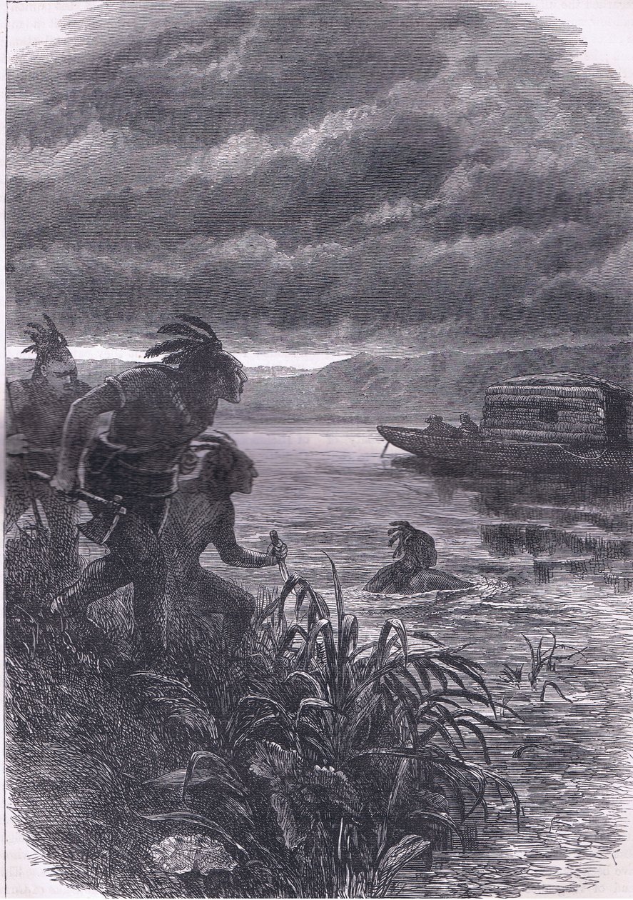 هاجم التجار في أوهايو من قبل المتوحشين ، رسم توضيحي من Cassells History of the United States نشره Cassell ، Petter & Galpin ، c1900 (litho) بواسطة مدرسة اللغة الإنجليزية الأمريكية