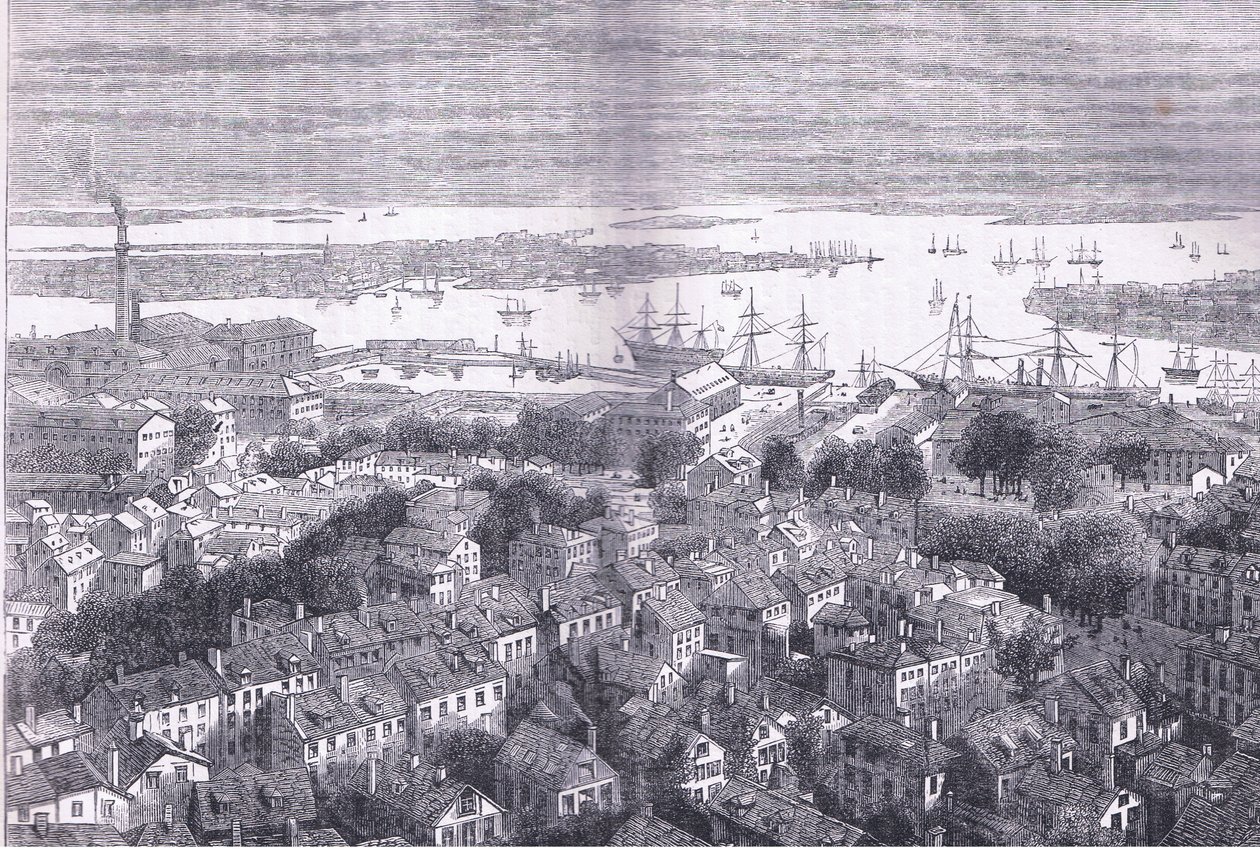 منظر بوسطن بواسطة Bunkers Hill ، رسم توضيحي من Cassells History of the United States نشره Cassell، Petter & Galpin، c1900 (litho) بواسطة مدرسة اللغة الإنجليزية الأمريكية