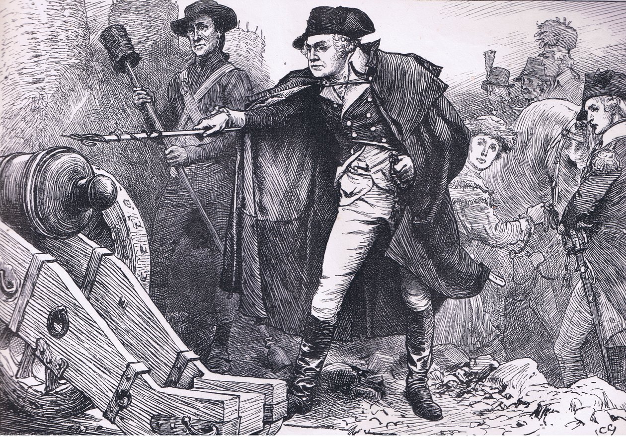 واشنطن عند حصار يوركتاون ، رسم توضيحي من Cassells History of the United States نشره Cassell ، Petter & Galpin ، c1900 (litho) بواسطة مدرسة اللغة الإنجليزية الأمريكية