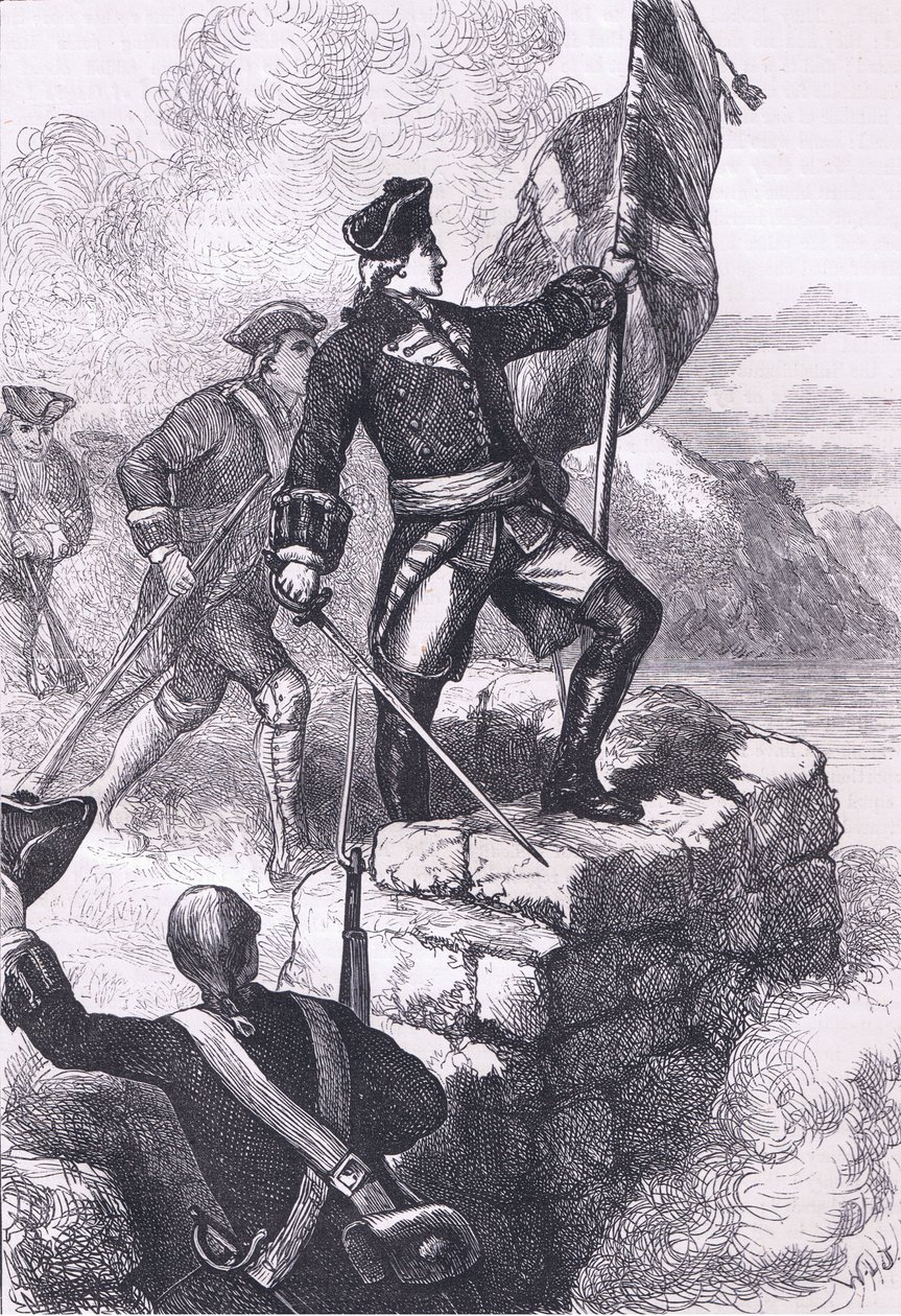 واشنطن تزرع العلم البريطاني في Fort Duquesne ، رسم توضيحي من Cassells History of the United States نشره Cassell ، Petter & Galpin ، c1900 (litho) بواسطة مدرسة اللغة الإنجليزية الأمريكية