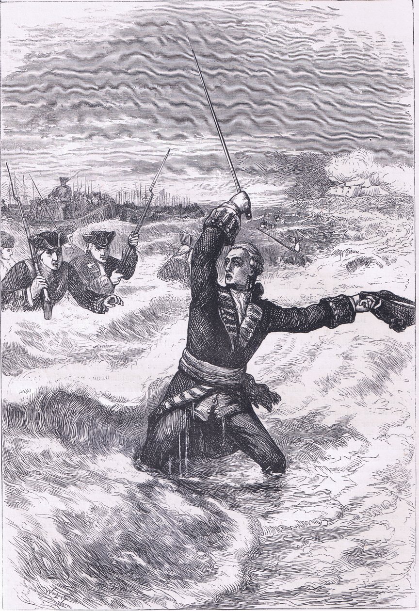 هبوط Wolfe في Louisburg ، رسم توضيحي من Cassells History of the United States نشره Cassell ، Petter & Galpin ، c1900 (litho) بواسطة مدرسة اللغة الإنجليزية الأمريكية
