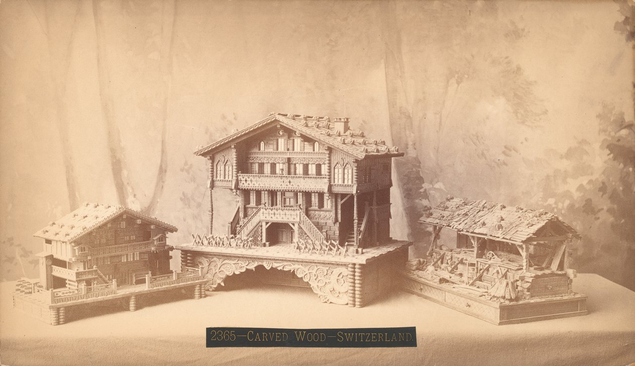 أكواخ سويسرية ، نماذج منحوتة ، معرض فيلادلفيا الدولي المئوية ، 1876 (طبعة زينية فضية) بواسطة مصور أمريكي