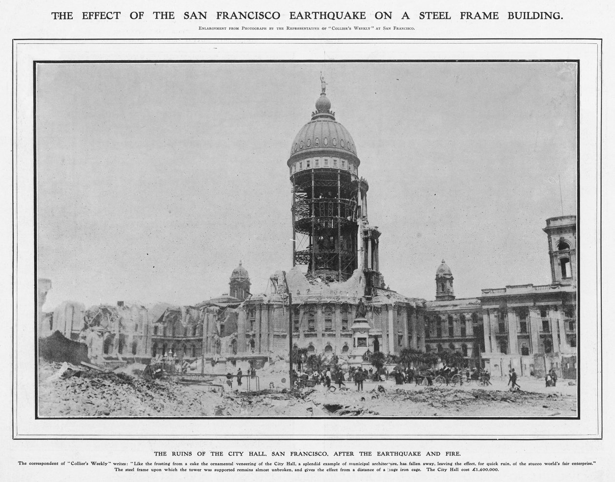 أطلال قاعة المدينة بعد زلزال عام 1906 والنار ، 1906 بواسطة مصور أمريكي