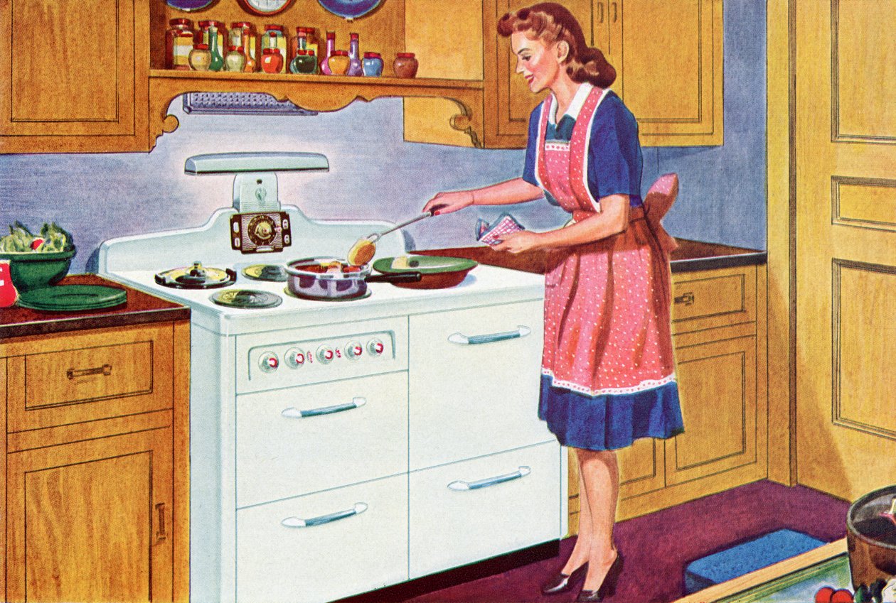 1940s Homemaker Cooking Dinner in Her Dream Kitchen بواسطة المدرسة الأمريكية
