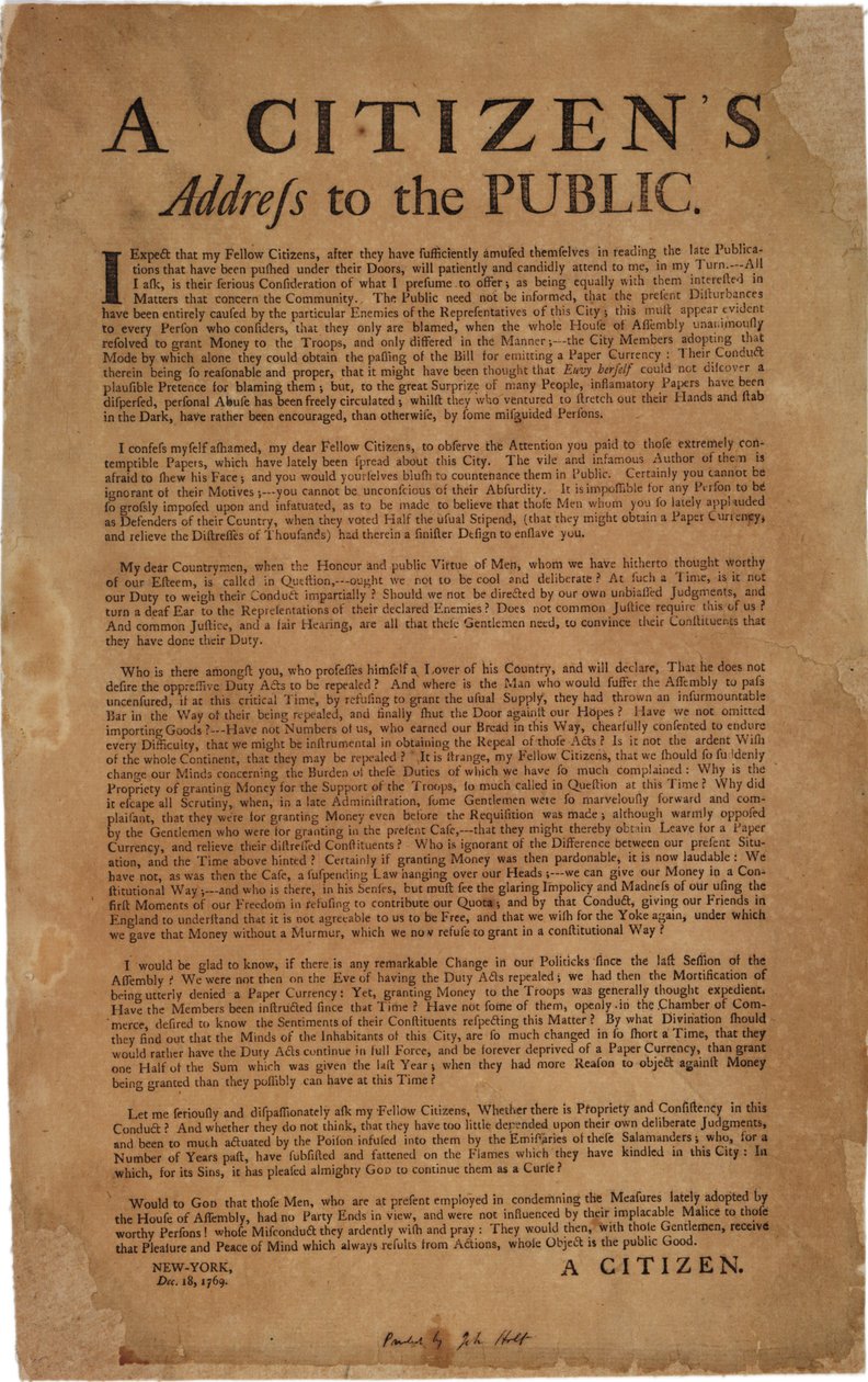 خطاب المواطنين إلى الجمهور بشأن: دعم القوات الملكية ، 18 ديسمبر 1769 بواسطة المدرسة الأمريكية