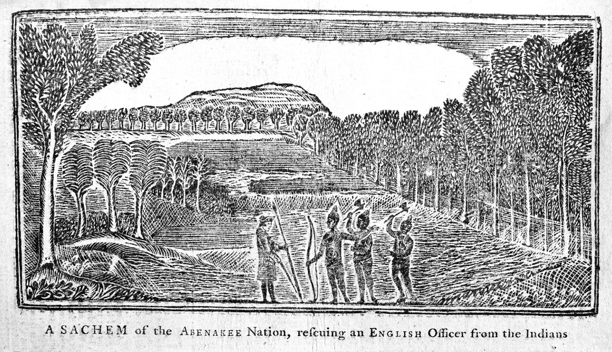 جثة الأمة أبيناكي لإنقاذ ضابط إنجليزي ، رسم توضيحي من Bickerstaffs Boston Almanack ، تم نشره عام 1768 بواسطة المدرسة الأمريكية