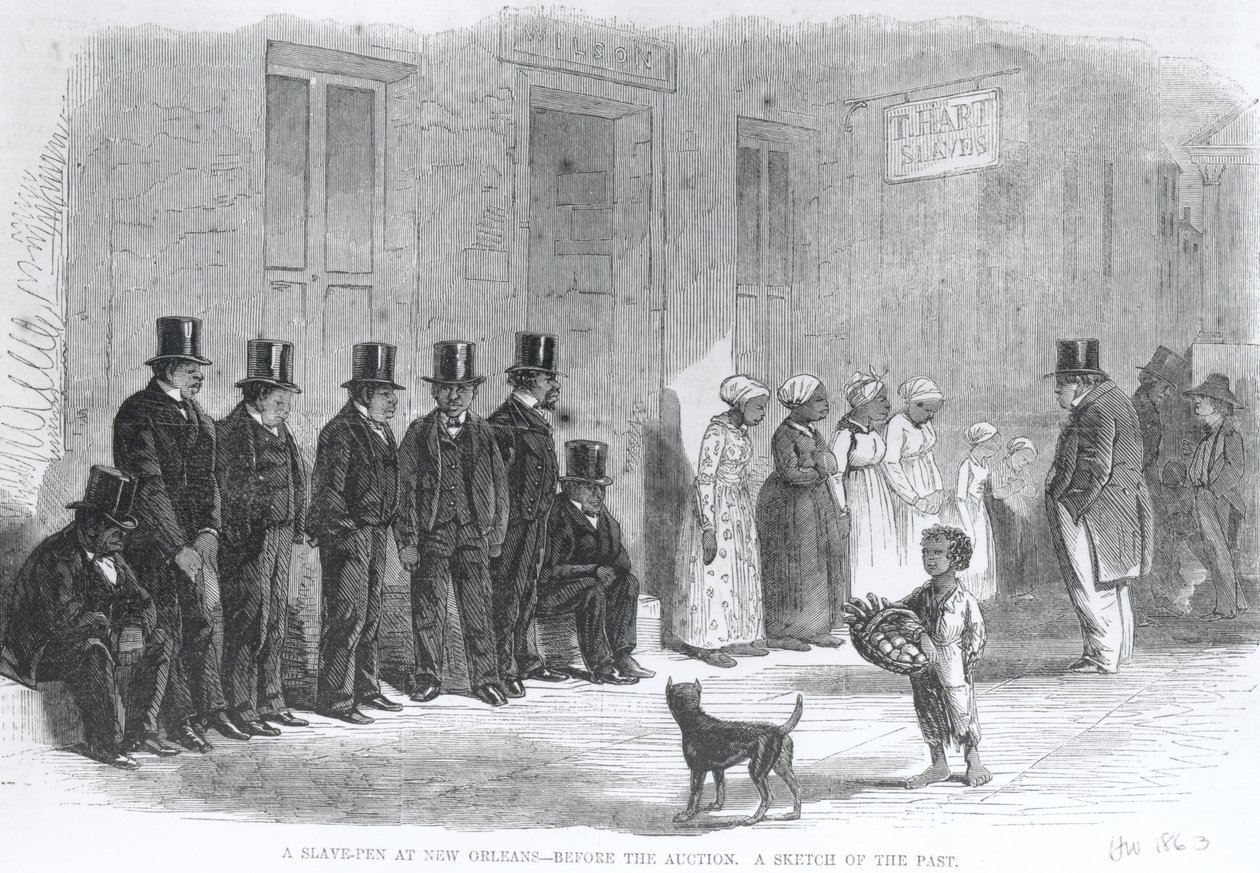قلم عبد في نيو أورلينز - قبل المزاد ، من 'Harper's Weekly' ، ٢٤ يناير ١٨٦٣ (نقش) (صورة أبيض وأسود) بواسطة المدرسة الأمريكية