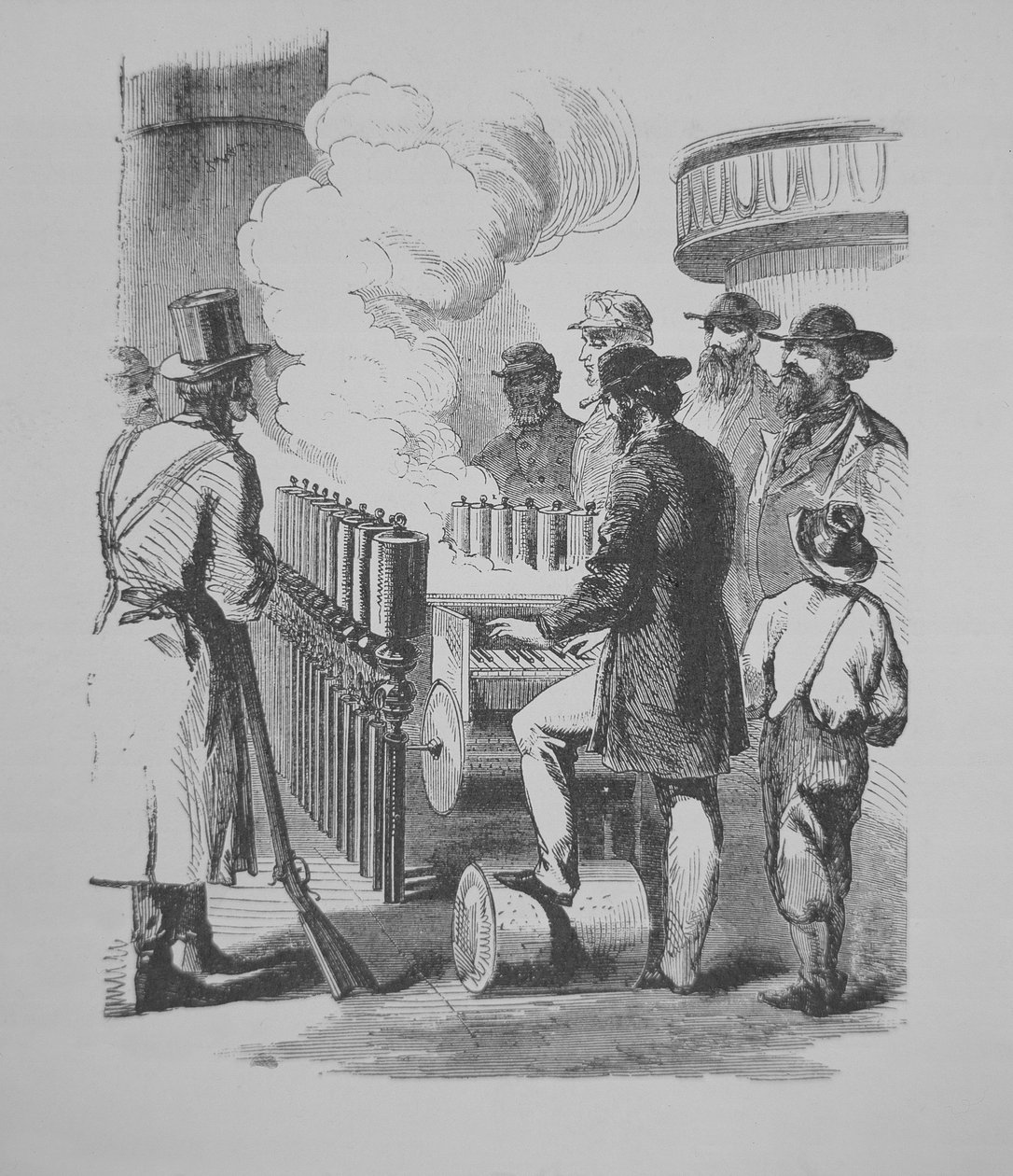 A Steam-powered calliope, used on American steamboats, c.1870 (engraving) بواسطة المدرسة الأمريكية