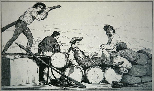 زورق مسطح يحمل البضائع على نهر المسيسيبي ، حوالي 1840 (نقش) بواسطة المدرسة الأمريكية