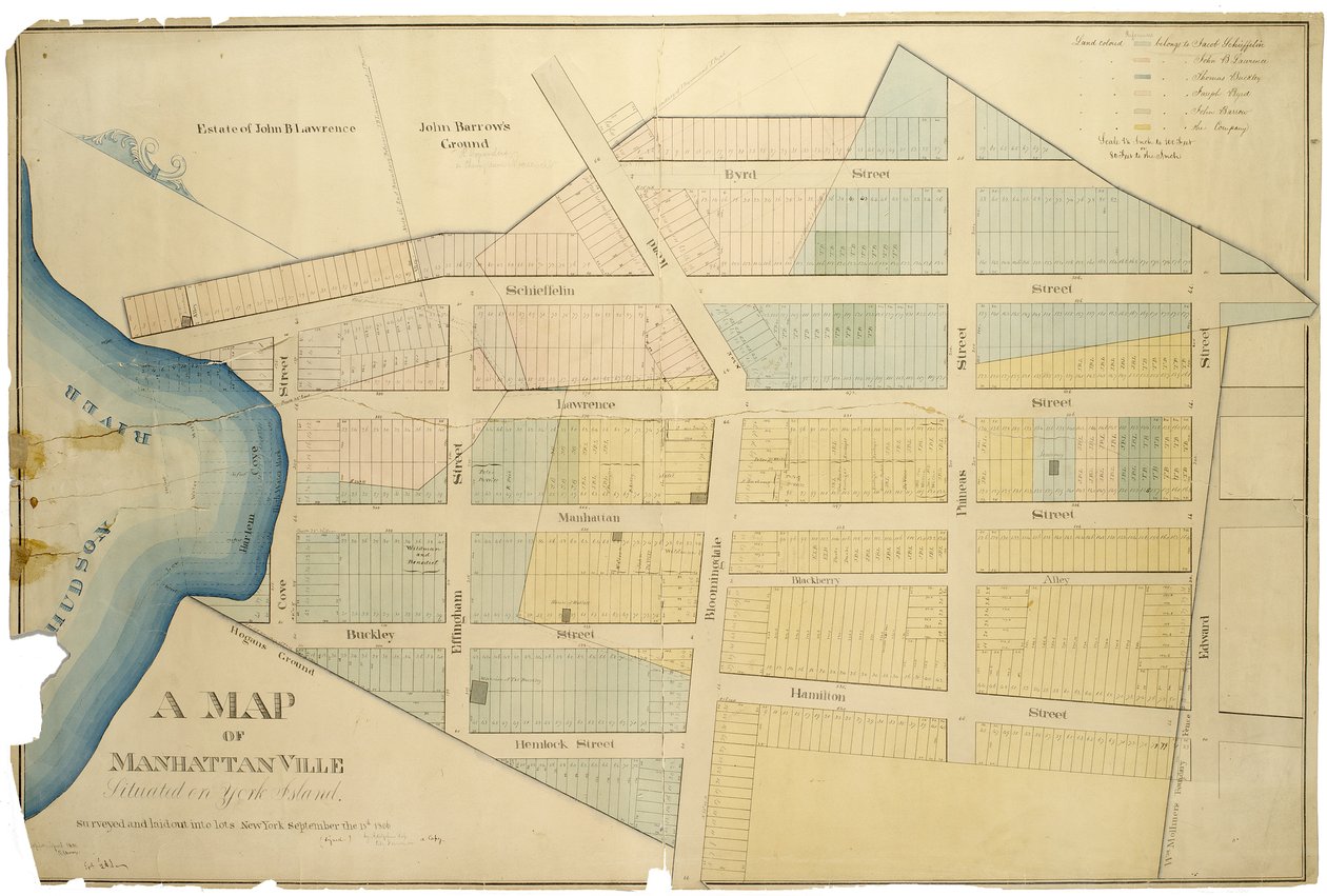 خريطة مانهاتنفيل تقع في جزيرة يورك - تم مسحها ووضعها في أجزاء بواسطة Adolphus Loss ؛ نسخ RJ Dodge. ، 1850 بواسطة المدرسة الأمريكية