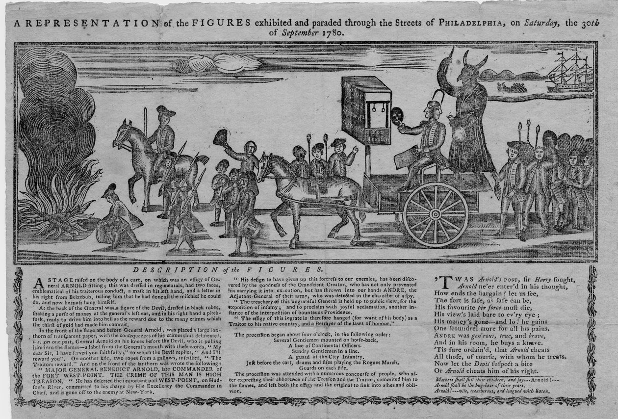 تم تمثيل الشخصيات المعروضة وعرضها في شوارع فيلادلفيا يوم السبت ، 30 سبتمبر 1780 بواسطة المدرسة الأمريكية