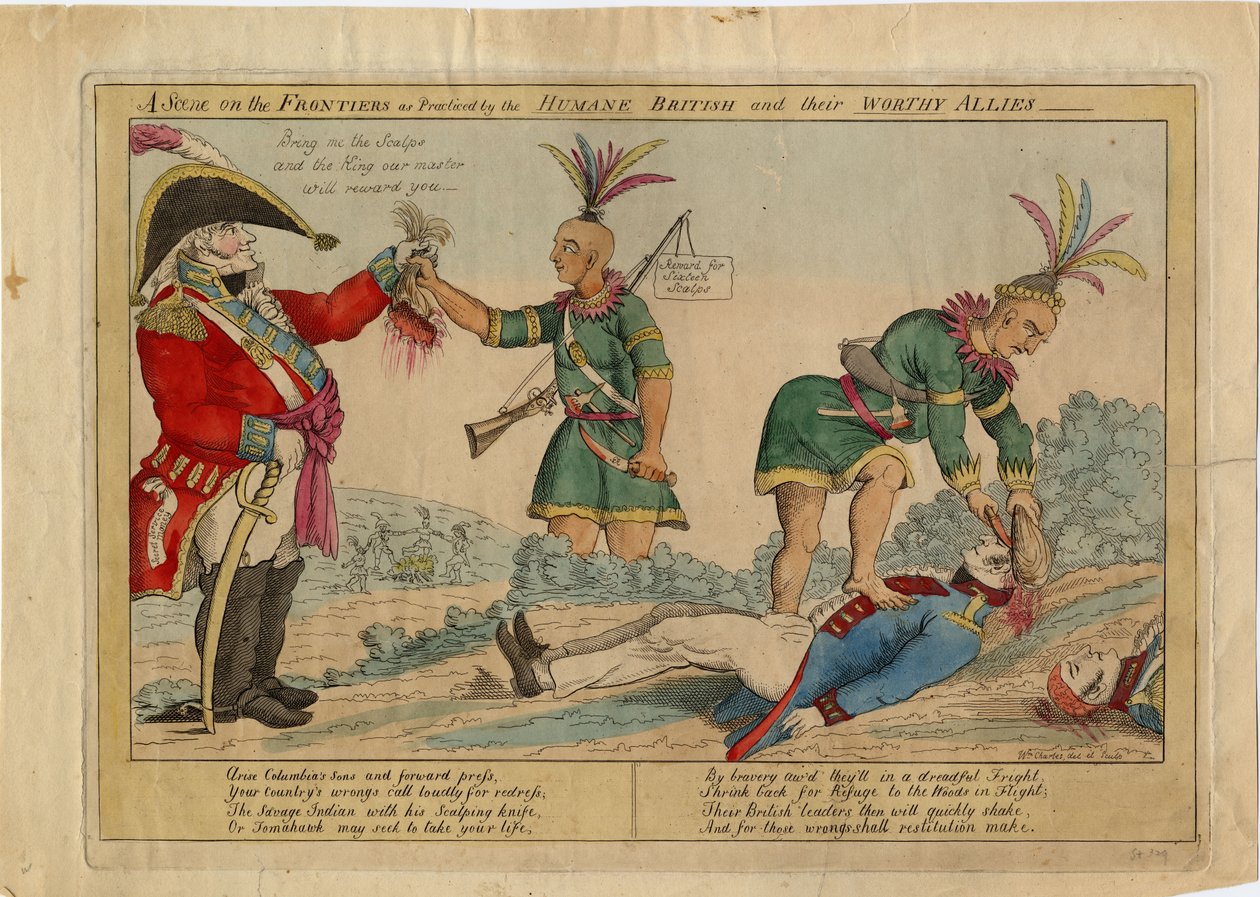 مشهد على الحدود كما يمارسه البريطانيون الإنسانيون وحلفاؤهم الجديرون ، c.1813 (النقش الملون يدويًا) بواسطة المدرسة الأمريكية