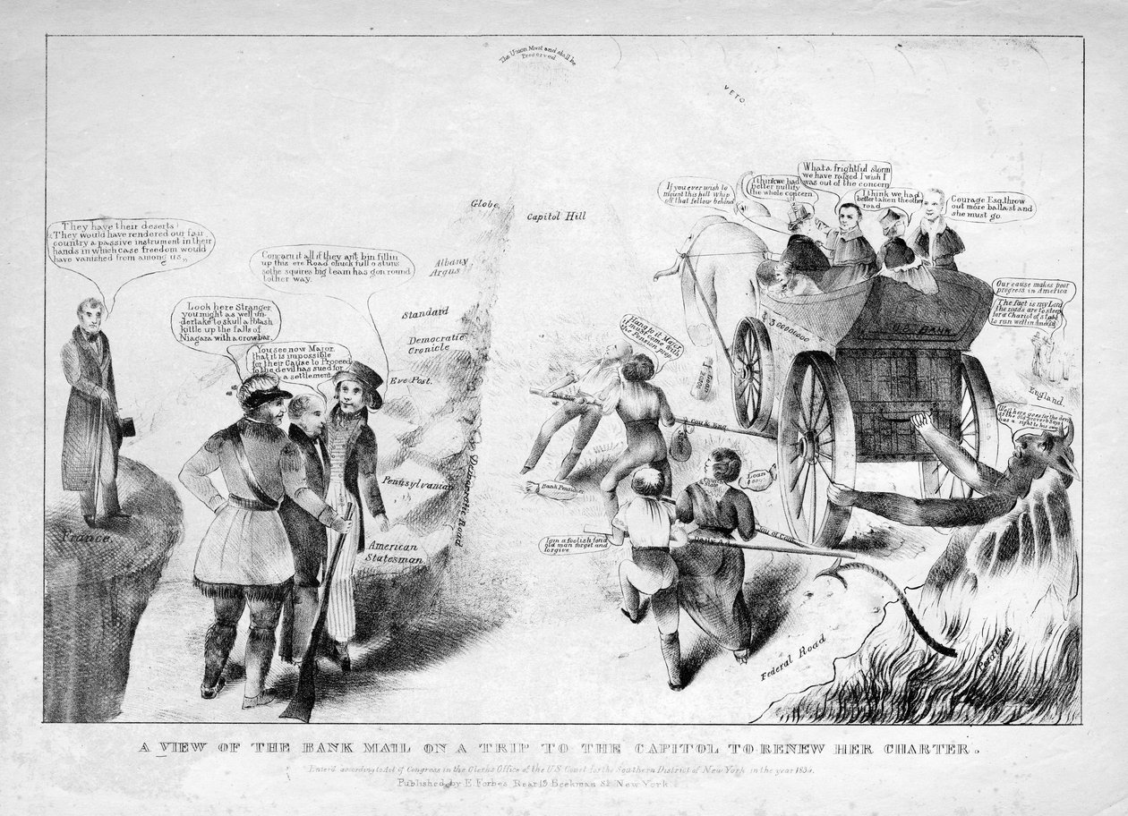 منظر للبريد المصرفي في رحلة إلى مبنى الكابيتول لتجديد ميثاقها ، 1834 بواسطة المدرسة الأمريكية