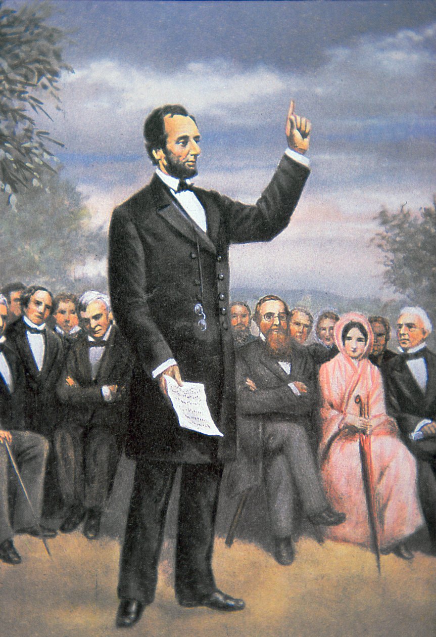 Abraham Lincoln (1809-65) delivering the Gettysburg address at Gettysburg, Pennsylvania, November 1863 (colour litho) بواسطة المدرسة الأمريكية