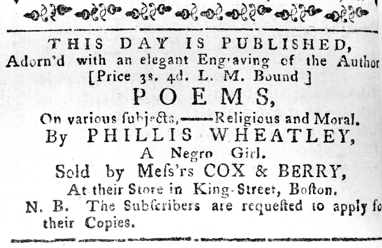 إعلان عن أول كتاب لـ Phillis Wheatleys من Boston Gazette ، 7 فبراير ، 1774 (ورق الصحف) بواسطة المدرسة الأمريكية