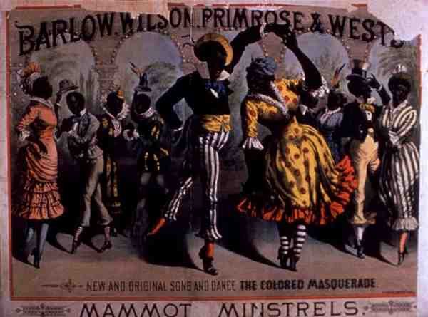 إعلان عن "The Coloured Masquerade" ، أغنية ورقص من قبل Mammot Minstrels ، قدمه بارلو ، ويلسون ، زهرة الربيع والغرب (لون ليثو) بواسطة المدرسة الأمريكية